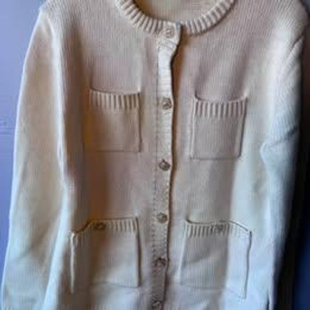 Cream Ivory 4-Pocket Button Front Cardigan Sweater Crew Neck Knit